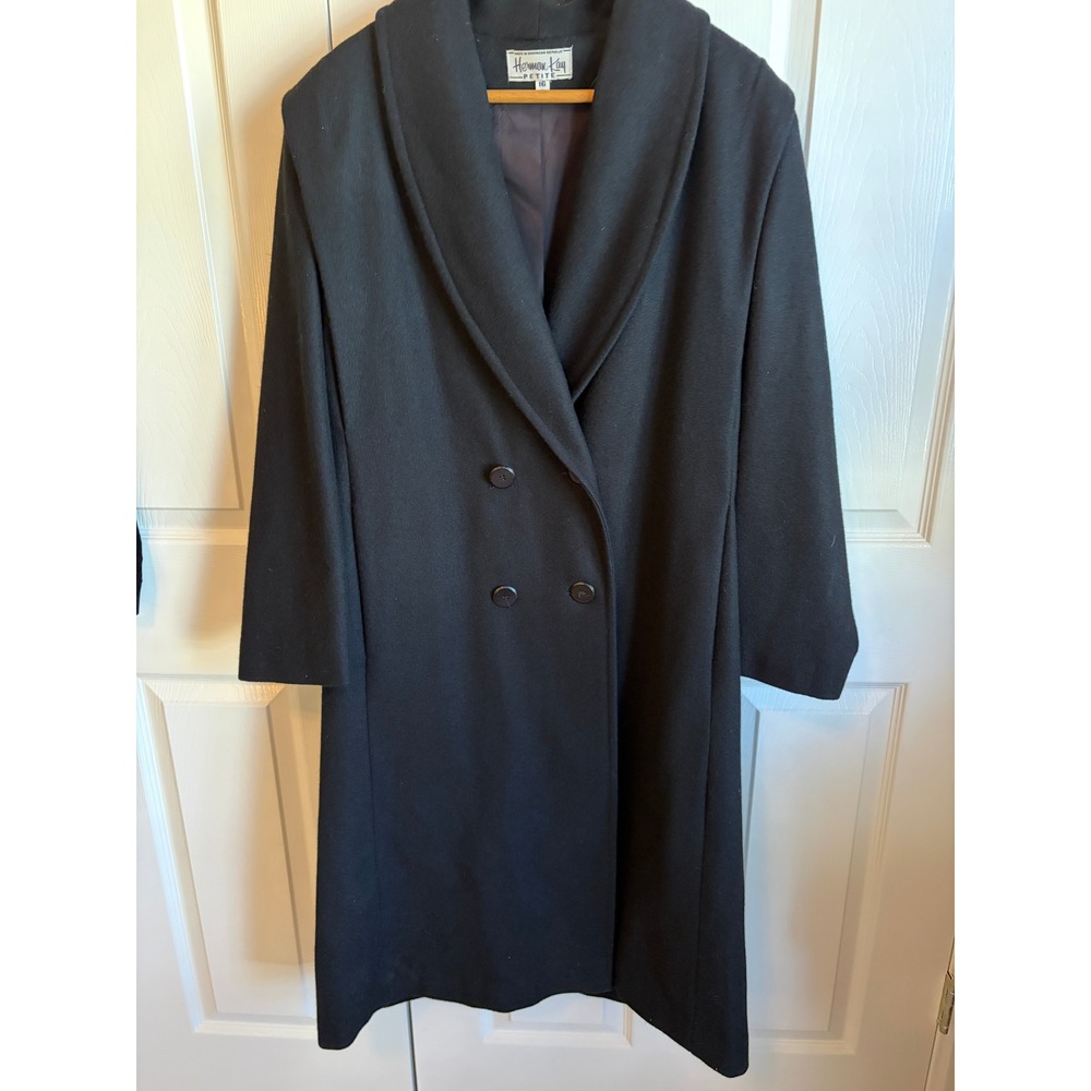 Vintage Herman Kay Petite Black Wool Blend Shawl Collar Double Breasted Coat 16P